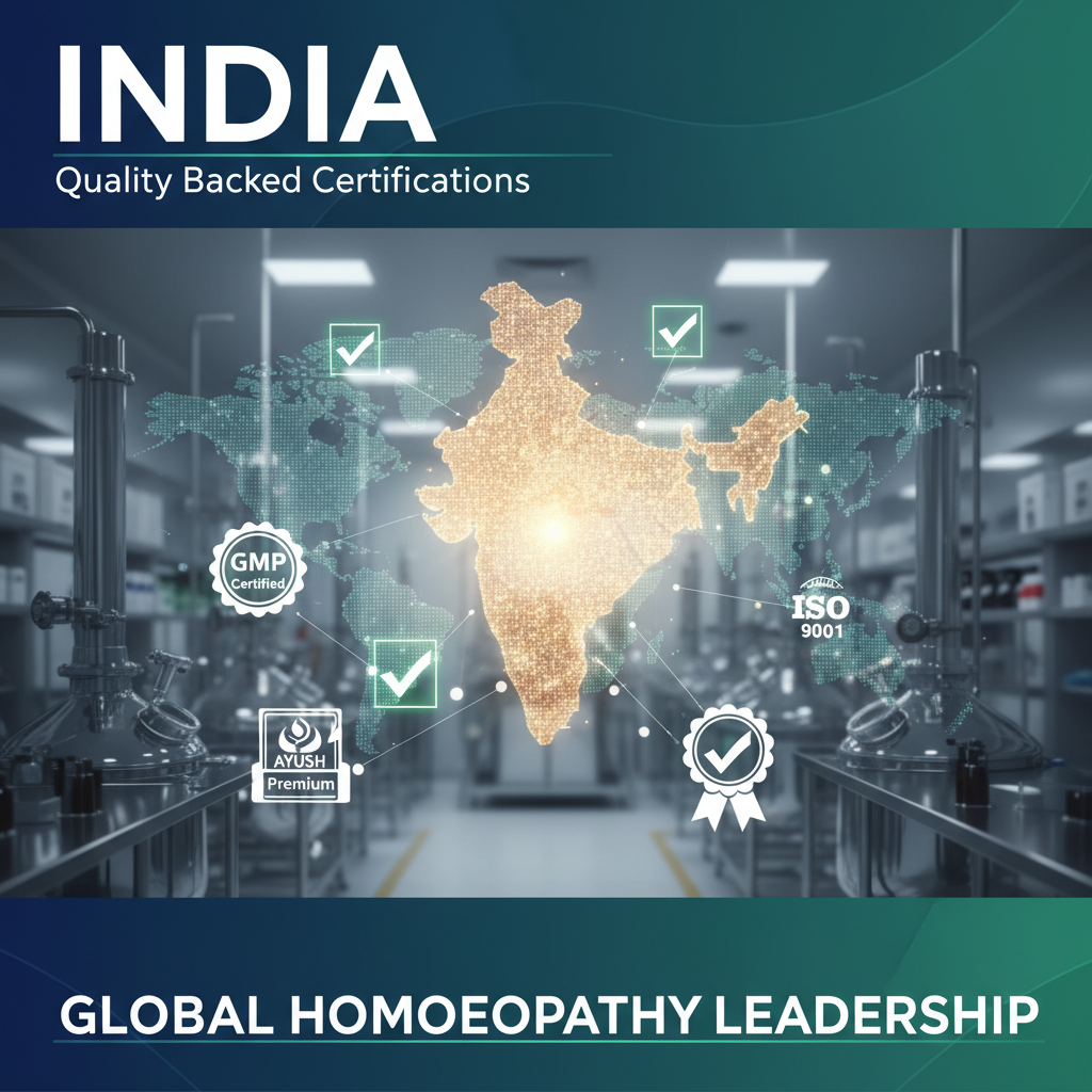 India map with glowing nodes, global map, pharmaceutical equipment, and quality certification logos (GMP, ISO 9001, AYUSH Premium).