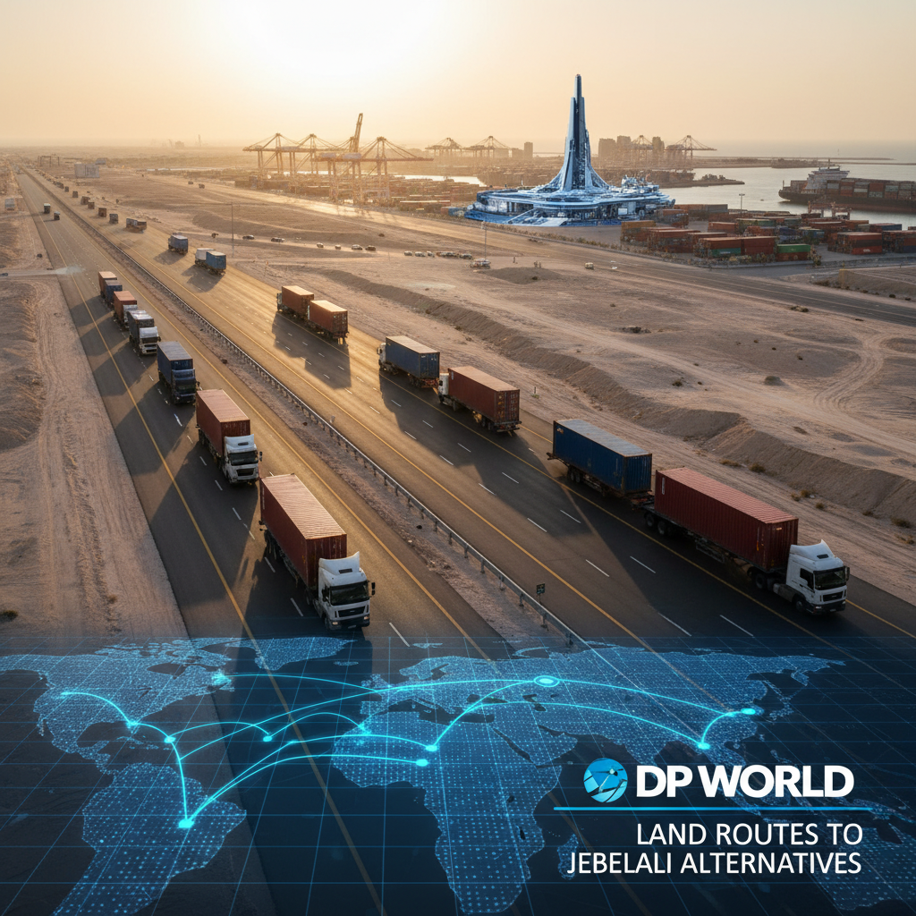 Trucks on a desert highway heading towards a futuristic port with cranes and ships, with a glowing world map overlay.