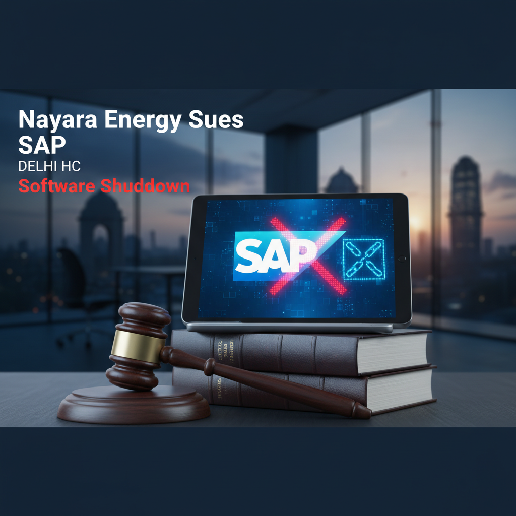 A gavel and law books beside a tablet displaying the SAP logo with a red "X" and a broken chain icon.