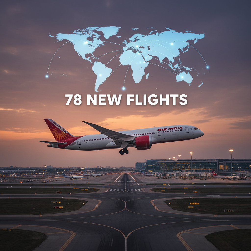 An Air India plane taking off at dusk, with a glowing world map showing flight routes and the text "78 NEW FLIGHTS".