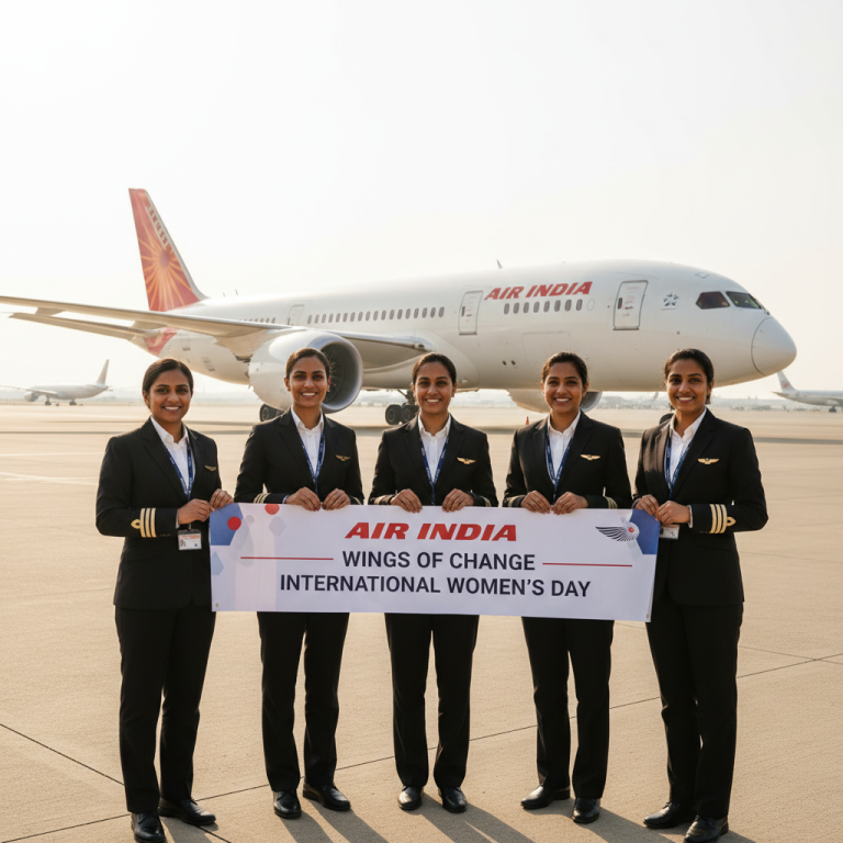 Five smiling women pilots in uniform hold a banner in front of an Air India plane.