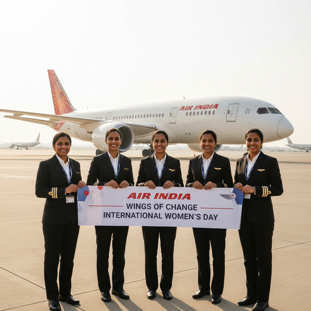 Five smiling women pilots in uniform hold a banner in front of an Air India plane.