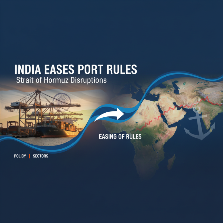 A professional image depicting India's port operations and a map highlighting the Strait of Hormuz.