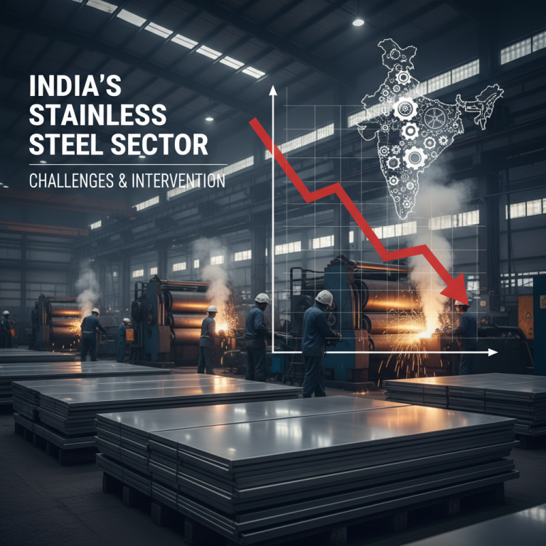 Featured image for an article about India's stainless steel sector, showing a factory, downturn graph, and India map.