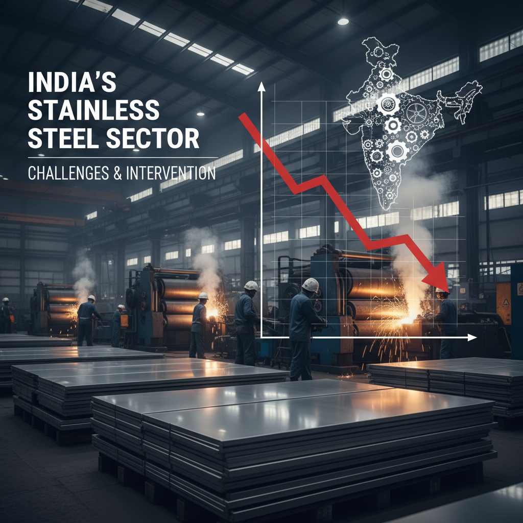 Featured image for an article about India's stainless steel sector, showing a factory, downturn graph, and India map.