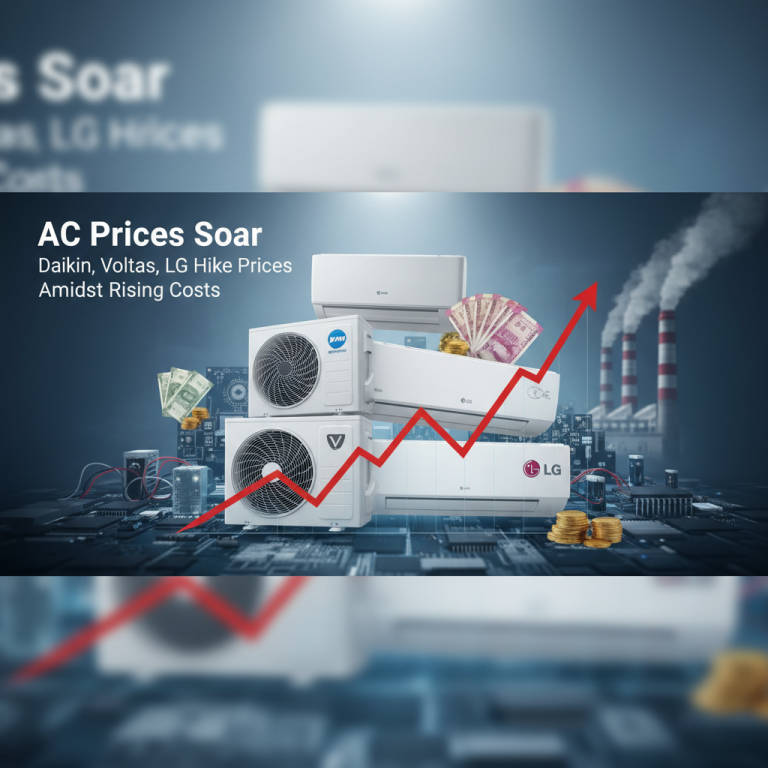 Air conditioners from Daikin, Voltas, and LG with rising money, symbolizing price increases.