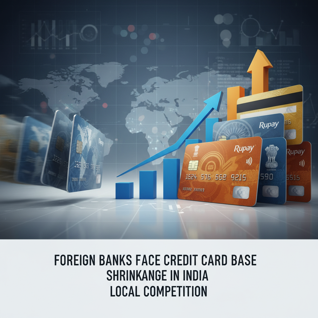 A professional visual representing competition in the Indian credit card market. RuPay cards dominate the foreground.