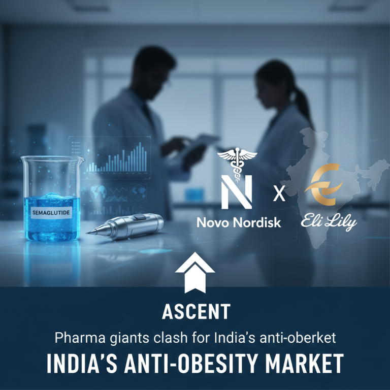 A scientific image depicting Semaglutide, Novo Nordisk, Eli Lilly, and an upward arrow indicating market competition in India.