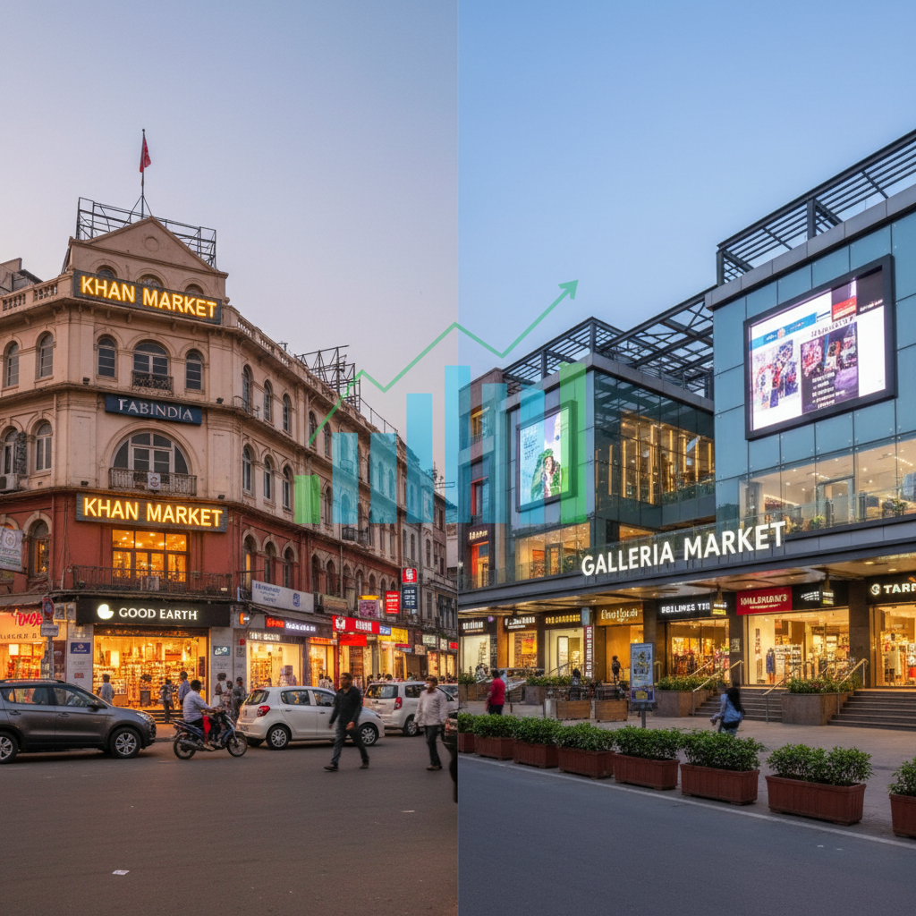 A split image showing Khan Market and Galleria Market in Delhi-NCR, with an upward trend graph overlay.