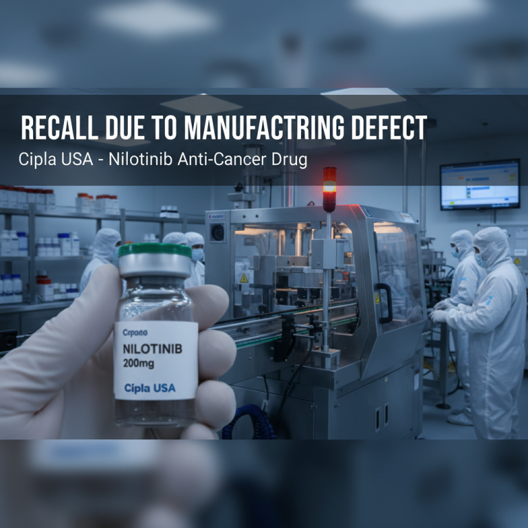 A gloved hand holds a vial of Nilotinib, with a pharmaceutical manufacturing facility in the background.