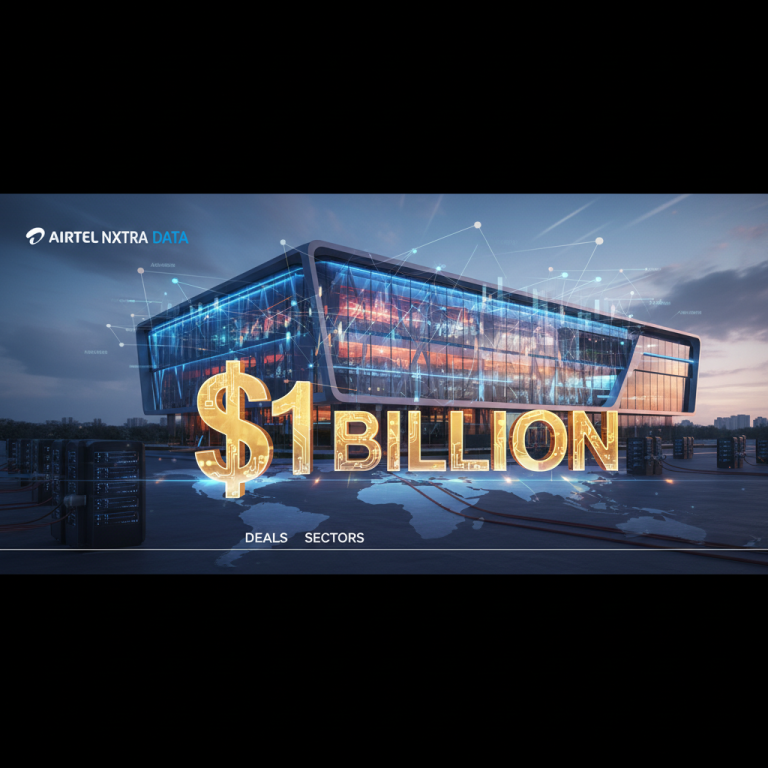 A modern data center building with a large '$1 BILLION' graphic, symbolizing investment and expansion.