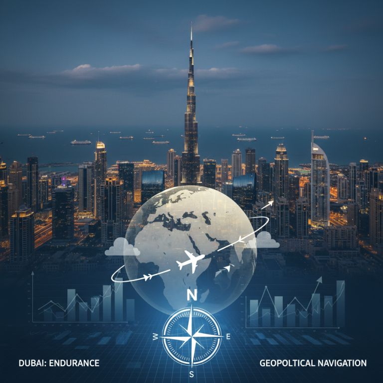 An aerial night shot of Dubai's skyline with a transparent globe overlay, compass, and business charts.