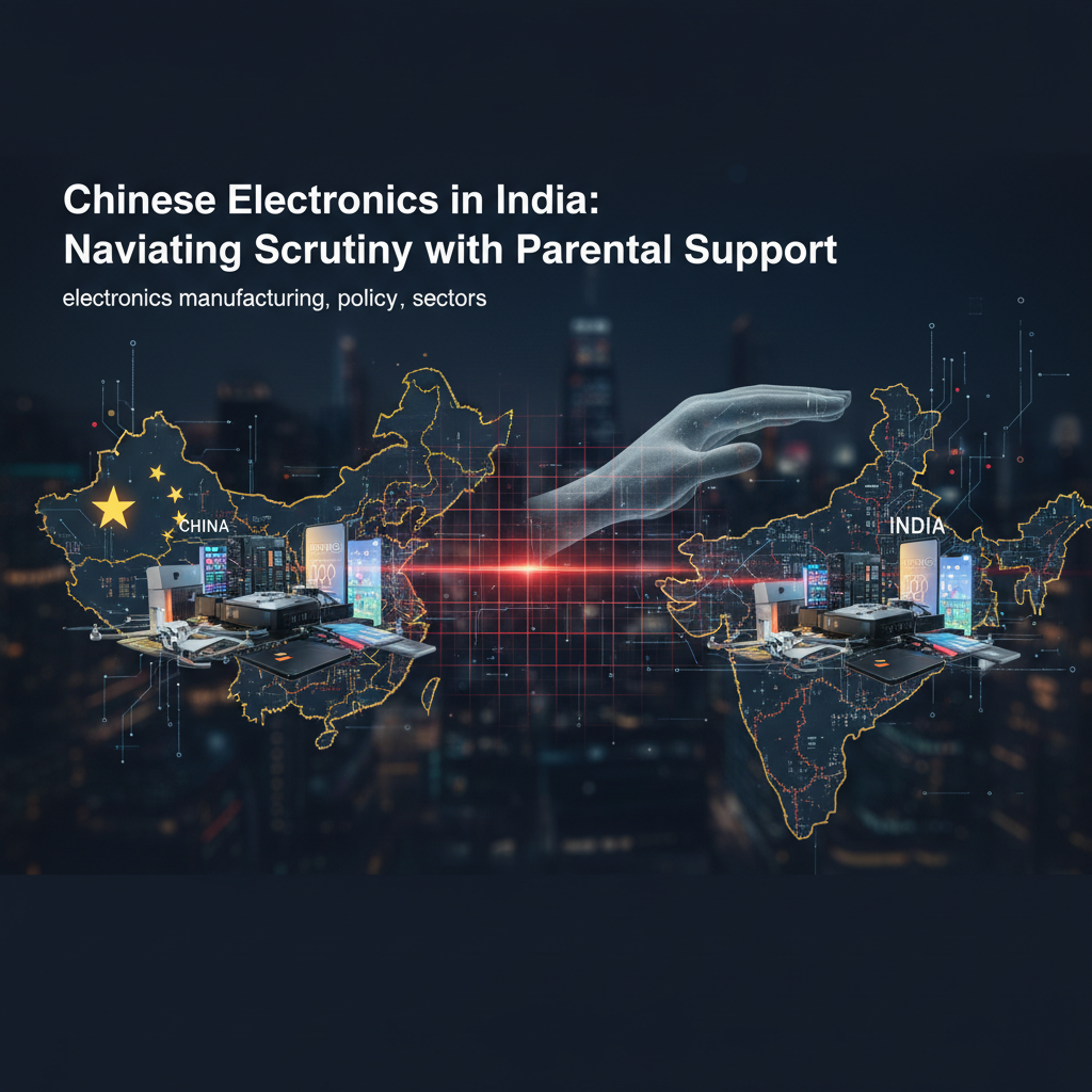 A professional visual representing Chinese electronics in India, depicting two countries, interconnected by a digital grid.