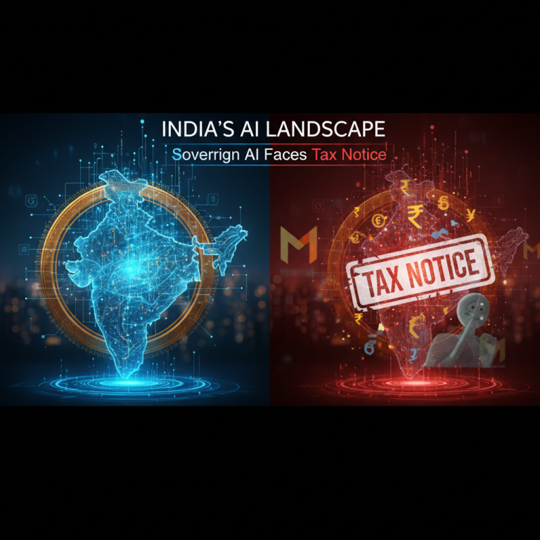 A split image showing a futuristic, glowing map of India on one side and a distressed figure with a 'Tax Notice' stamp on the other, representing technological advancement and regulatory challenges.