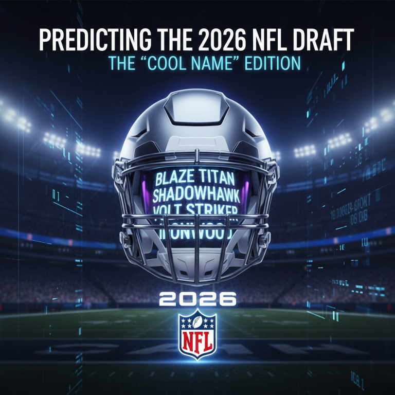 A futuristic NFL helmet with "Blaze Titan," "Shadowhawk," and "Volt Striker" on the visor, over a stadium with "2026" and NFL logo.