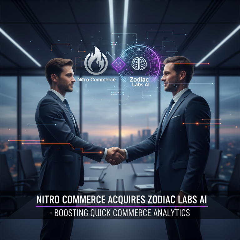Two businessmen shaking hands in a modern office with futuristic digital overlays representing Nitro Commerce and Zodiac Labs AI.