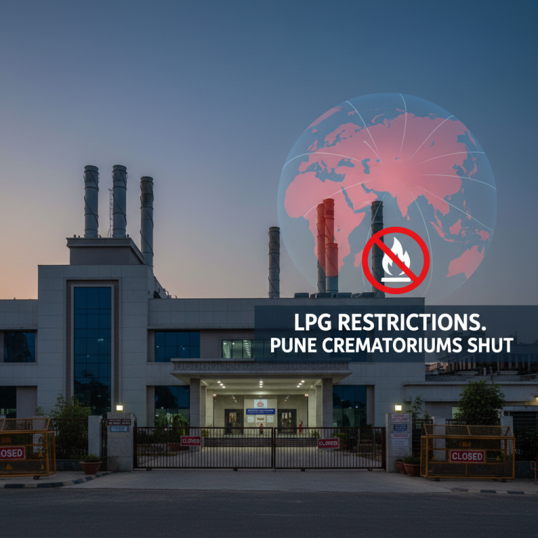 An image of a crematorium with a globe and text about LPG restrictions, symbolizing the impact of global conflict.