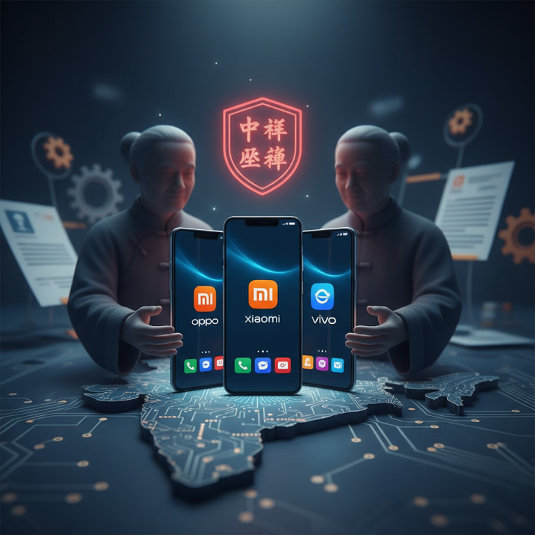 A professional image showing smartphones from Xiaomi, Oppo, and Vivo over a map of India with a protective shield and parental figures.