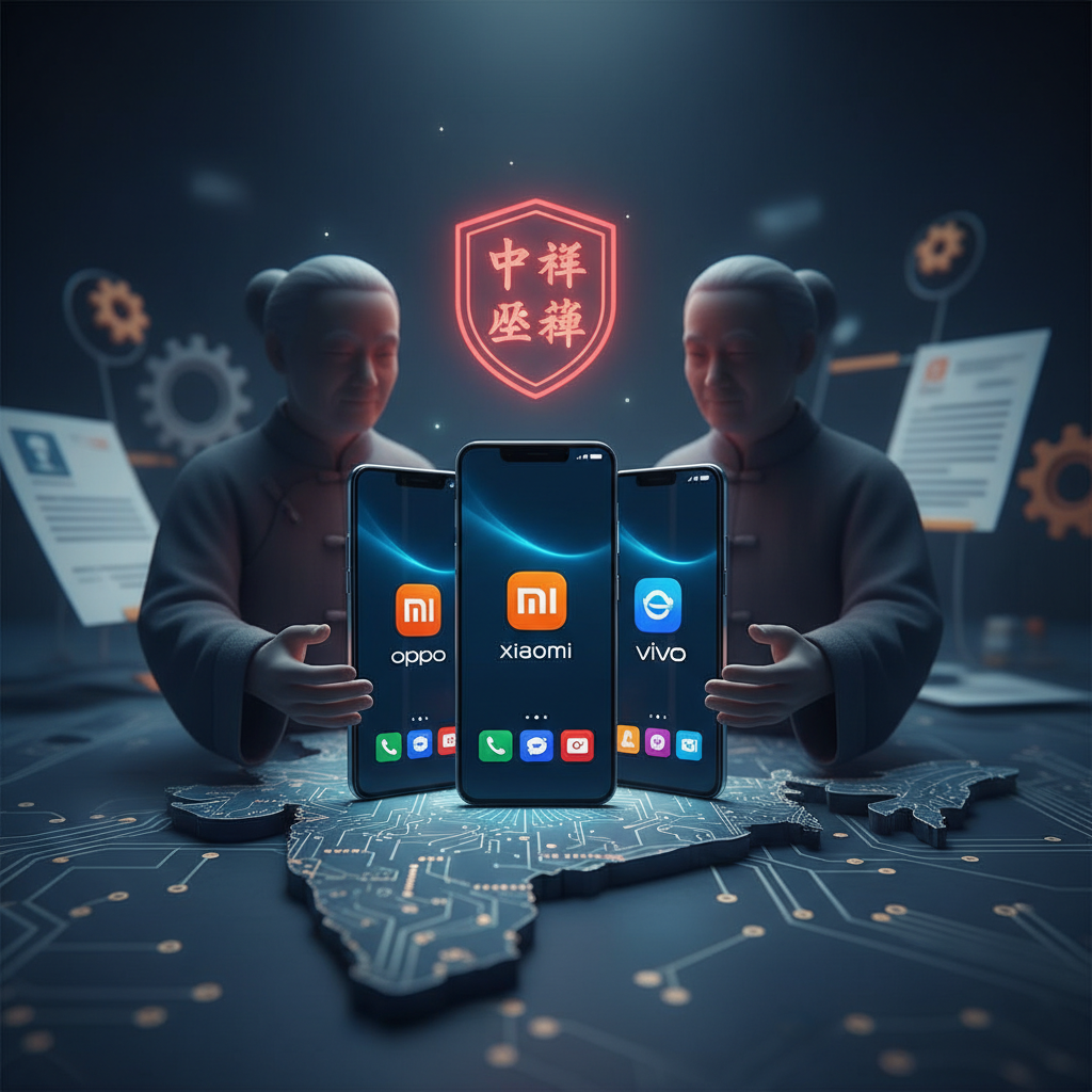 A professional image showing smartphones from Xiaomi, Oppo, and Vivo over a map of India with a protective shield and parental figures.