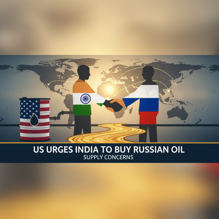 A professional image depicting figures with Indian and Russian flags shaking hands, a US oil barrel, and a global map.