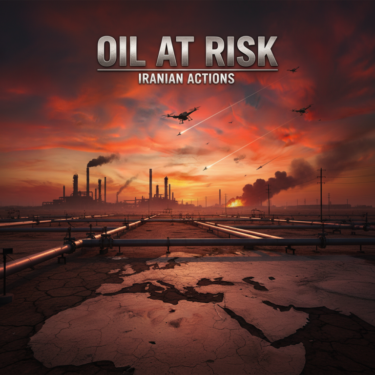 An oil refinery at sunset with pipelines in the foreground, drone silhouettes, and explosions, illustrating geopolitical risk.