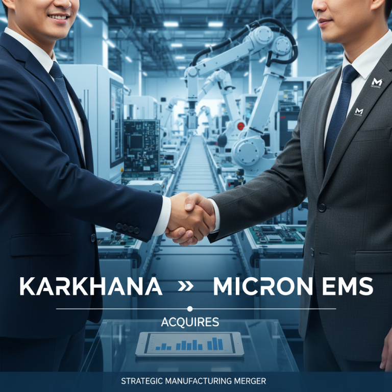 Two businessmen shaking hands in a modern electronics manufacturing facility, symbolizing an acquisition.