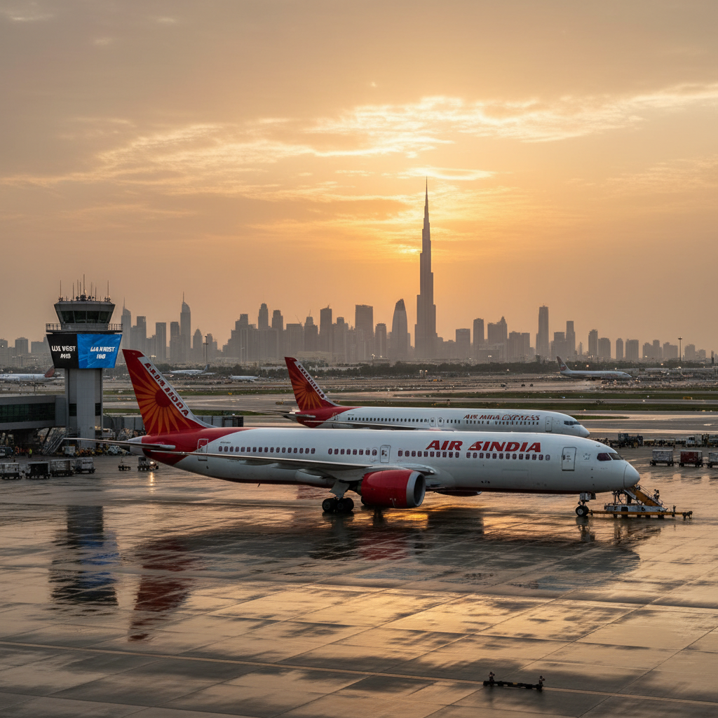 Air India and Air India Express planes at an airport with the Dubai skyline at sunset.