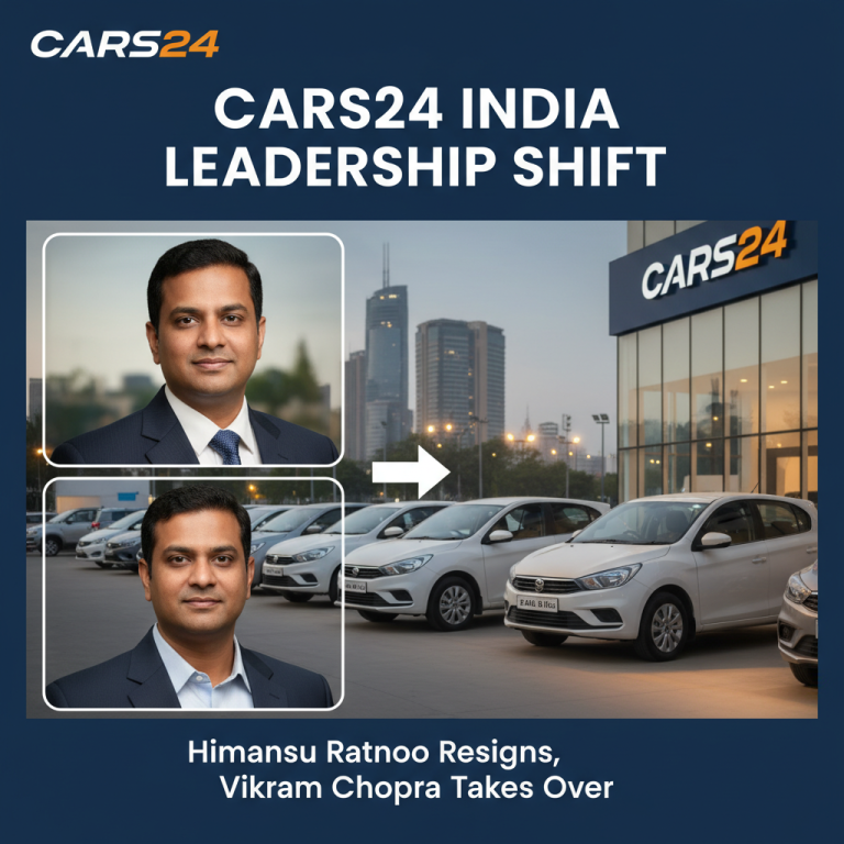 A professional image showing a CARS24 dealership with a leadership change infographic.