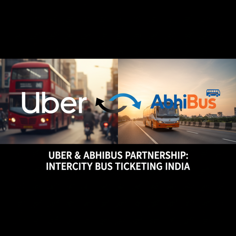 A split image showing an Uber car on the left and an AbhiBus on the right, connected by arrows.
