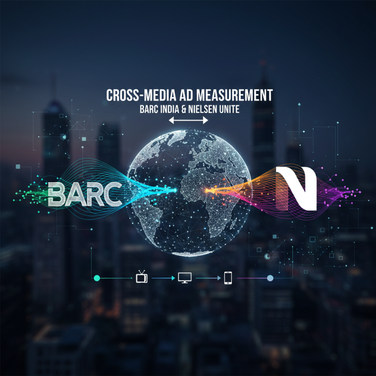 A digital representation of BARC and Nielsen uniting around a globe, symbolizing cross-media ad measurement.