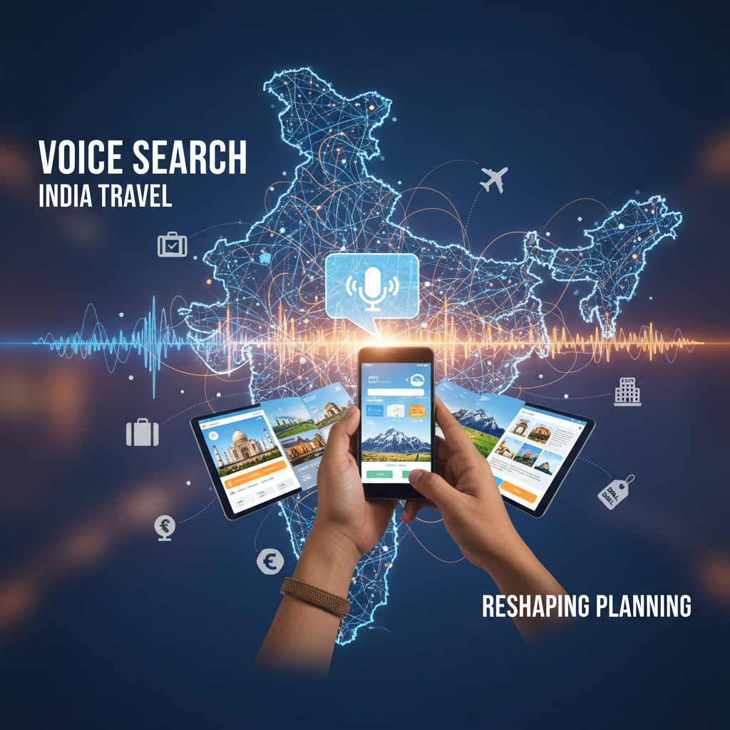 Hands holding a smartphone with travel content, superimposed on a map of India with voice search icons.