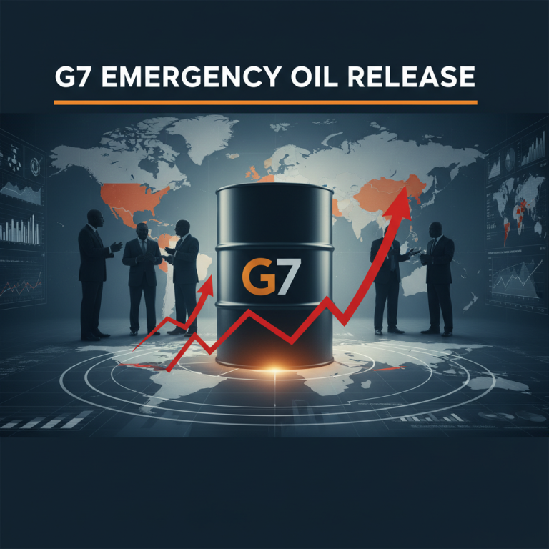 A barrel of oil labeled "G7" with an upward trending red arrow, world map, and silhouetted figures.