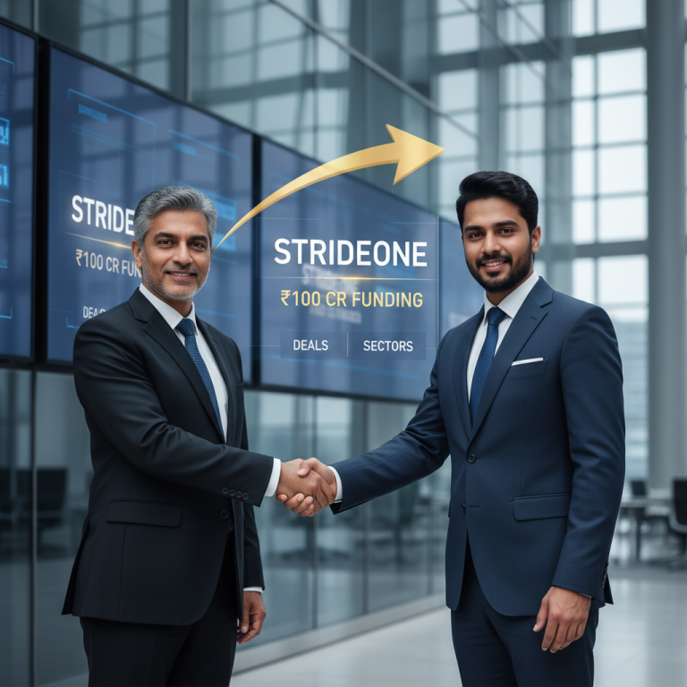 Two professional men in suits shaking hands in a modern office, with a digital overlay of "STRIDEONE ₹100 CR FUNDING" and a rising arrow.