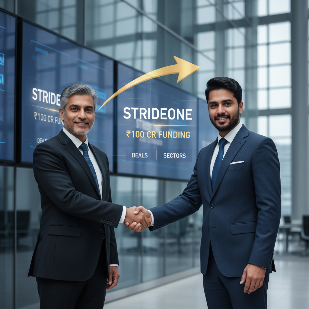 Two professional men in suits shaking hands in a modern office, with a digital overlay of "STRIDEONE ₹100 CR FUNDING" and a rising arrow.