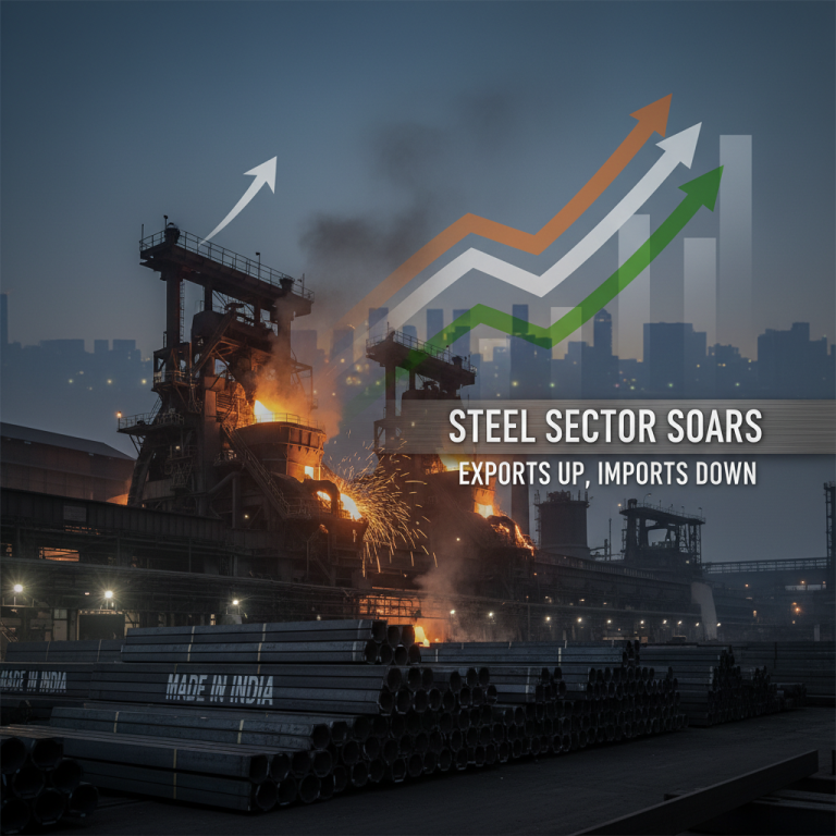 An industrial image of a steel plant with graphs and text indicating growth in India's steel sector.