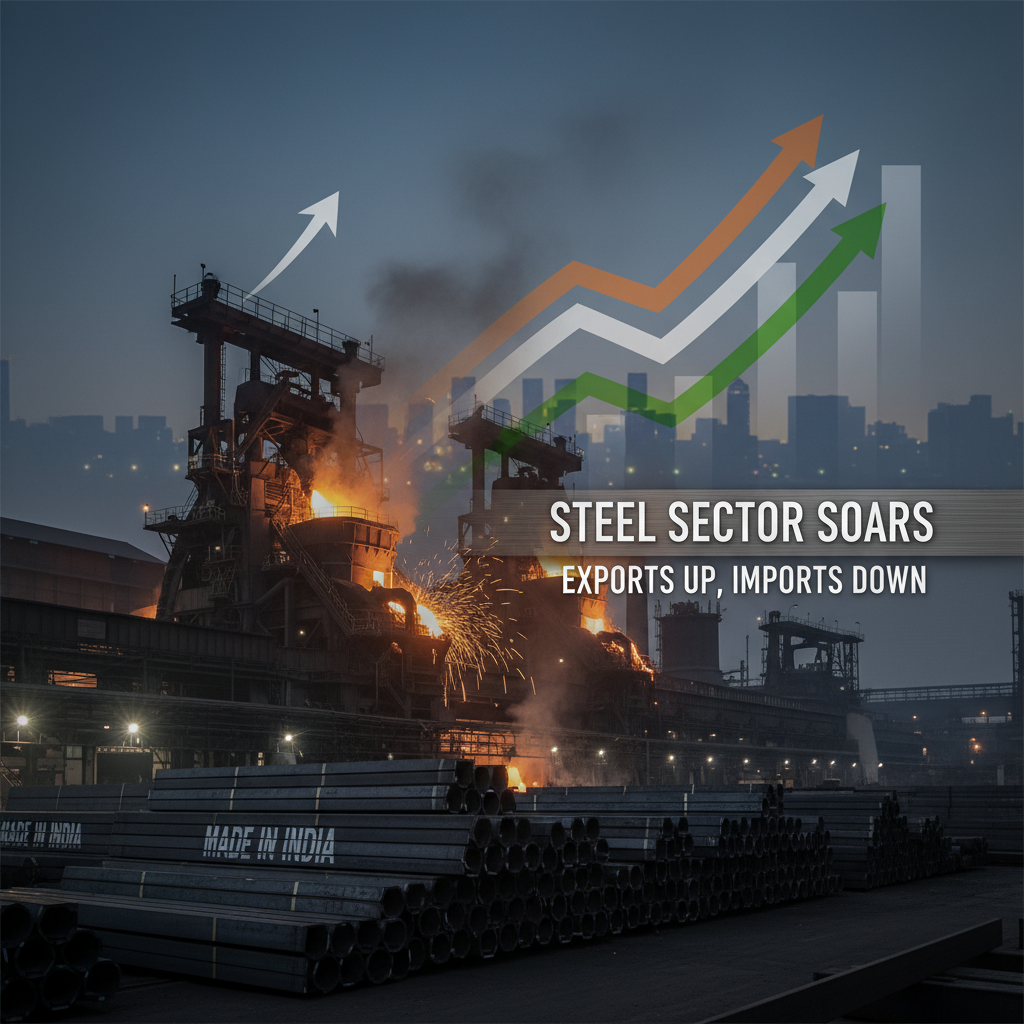 An industrial image of a steel plant with graphs and text indicating growth in India's steel sector.