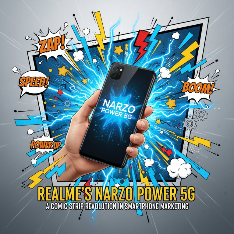 A hand holds a Realme NARZO Power 5G smartphone, surrounded by comic book style lightning and speech bubbles.