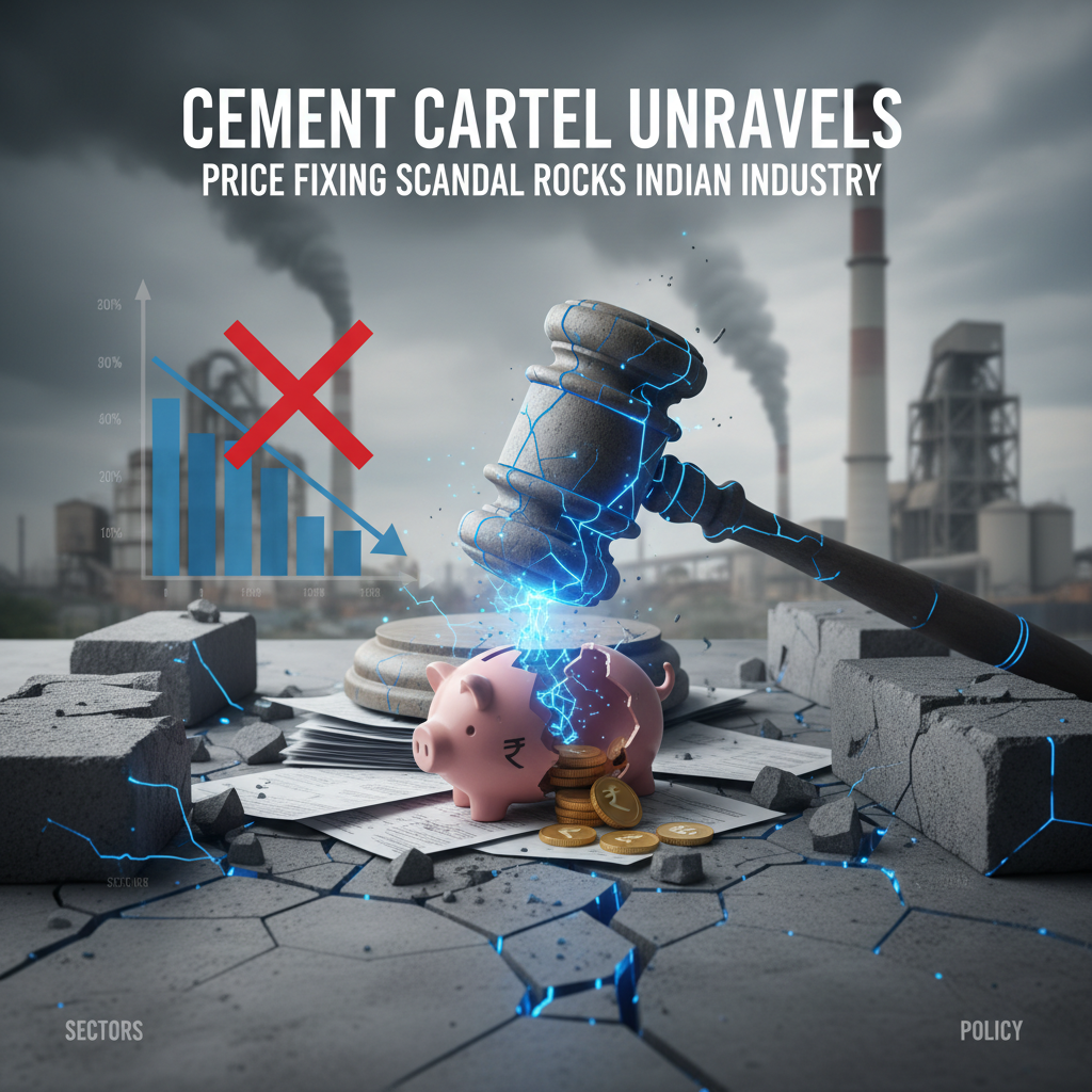 A gavel shattering a piggy bank with Indian rupees, symbolizing legal action against price fixing in the cement industry.