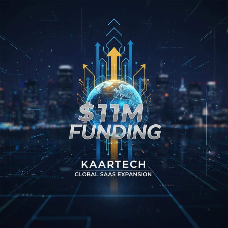 A digital globe with "KaarTech $11M Funding" and "Global SaaS Expansion" text, surrounded by rising arrows.