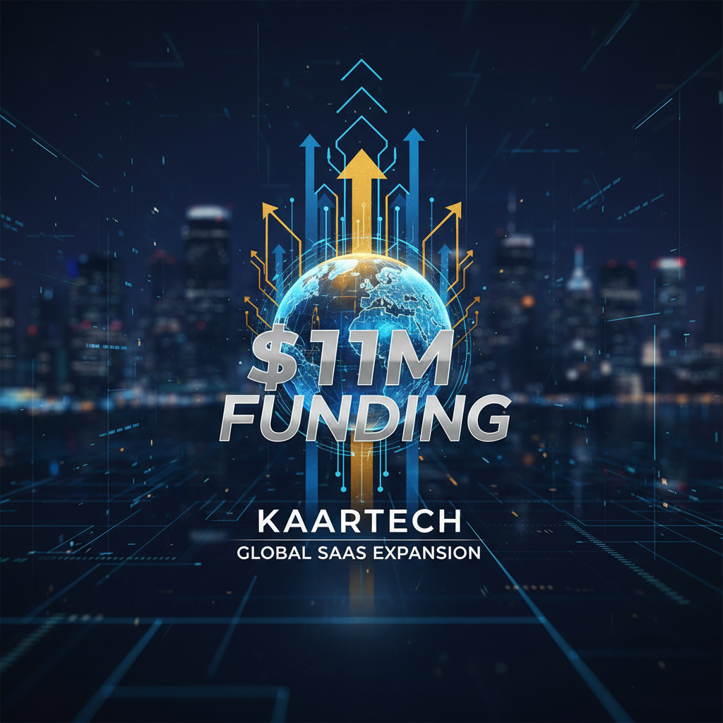 A digital globe with "KaarTech $11M Funding" and "Global SaaS Expansion" text, surrounded by rising arrows.