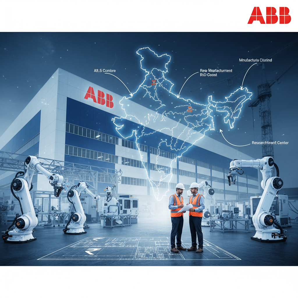 Two engineers in hard hats reviewing plans in an advanced ABB factory with robotic arms and a map of India highlighting new investments.