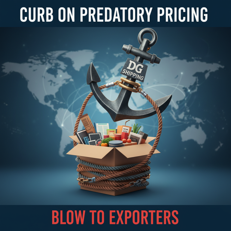 A heavy anchor labeled "DG Shipping" tied with ropes to an overflowing shipping box, symbolizing policy impact on trade.