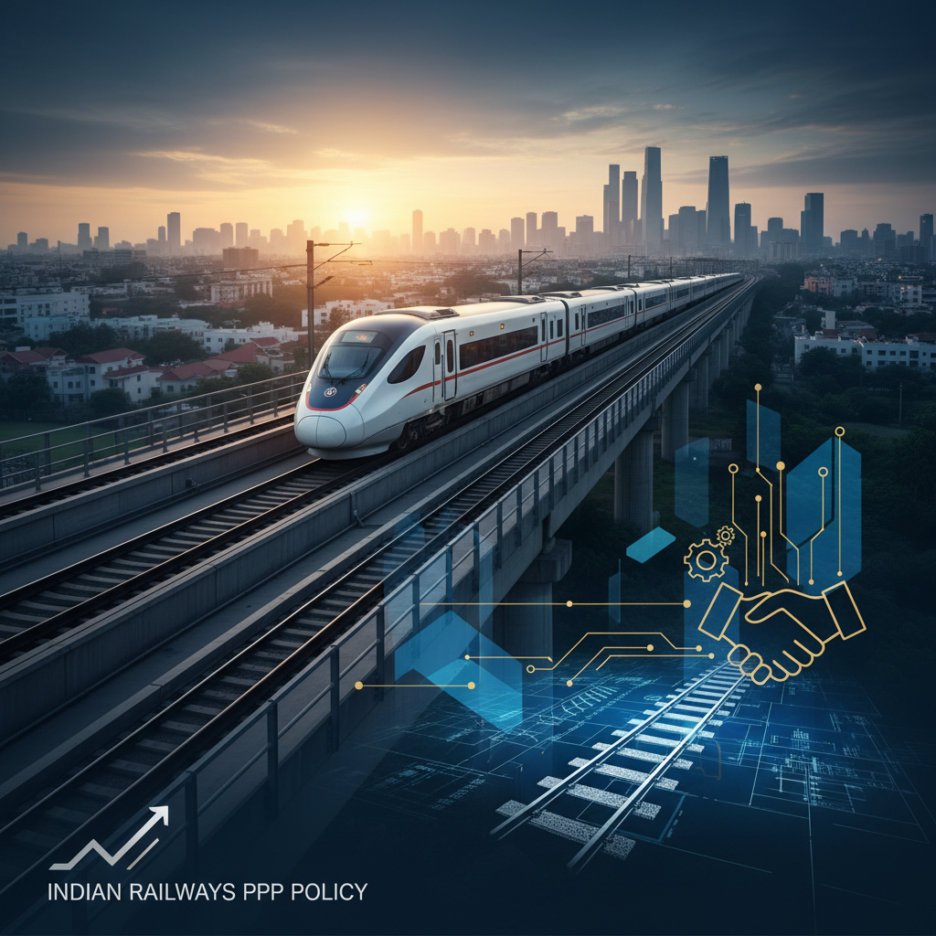 A high-speed train on elevated tracks at sunset over a city, with a graphical overlay representing policy and investment.