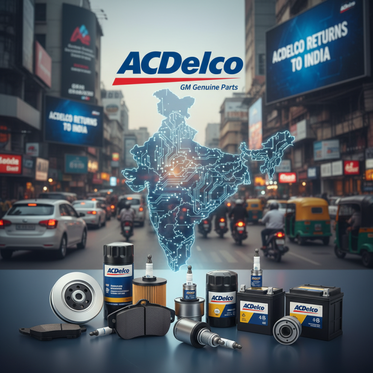 An image showing ACDelco auto components in the foreground with an outline of India on a busy Indian street.
