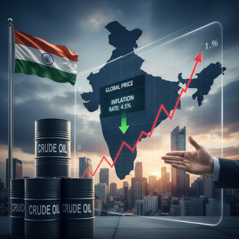 A visual representation of India's economy with crude oil barrels, the Indian flag, a map of India, and an inflation graph.
