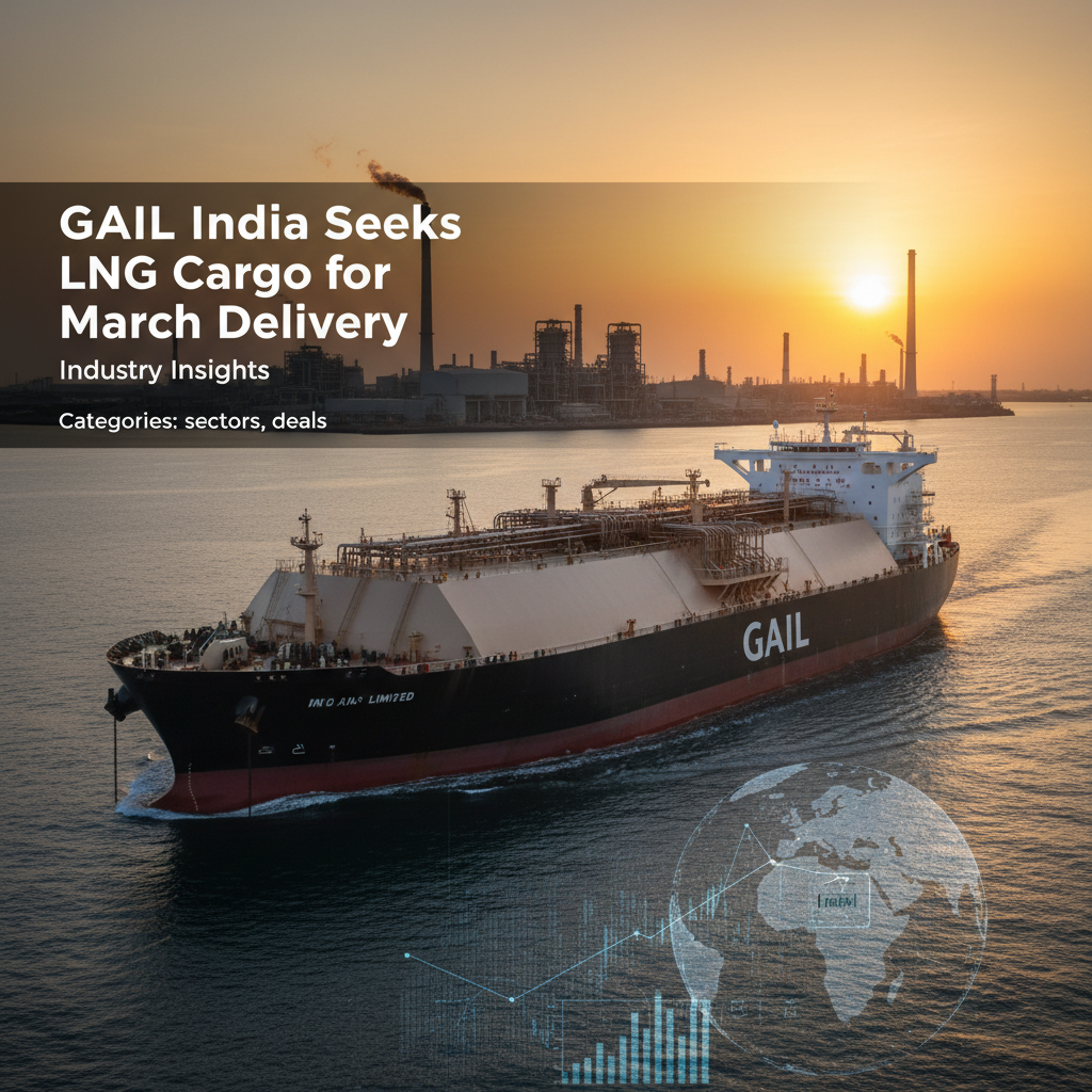 An LNG tanker with "GAIL" on its side, sailing from an industrial port at sunset, with digital overlay.