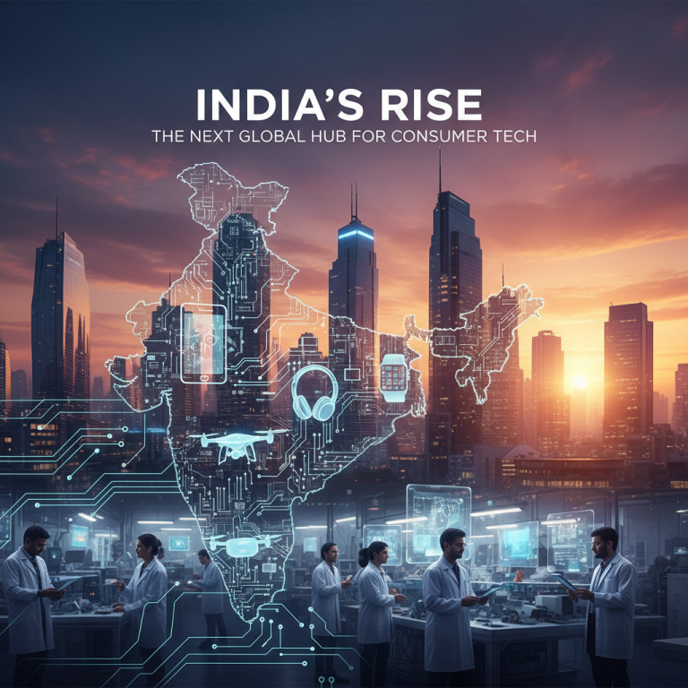 A professional image illustrating India's emergence as a consumer tech hub, featuring a map of India overlaid with circuit patterns and various tech gadgets, set against a modern cityscape with scientists working in the foreground.