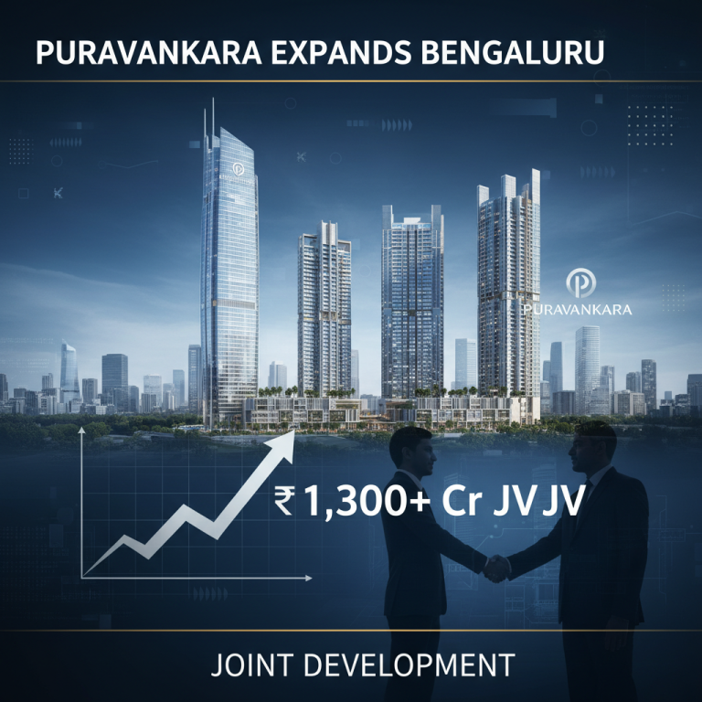 A professional image showing modern high-rise buildings, an upward trending graph, and two businessmen shaking hands, representing a joint development deal.
