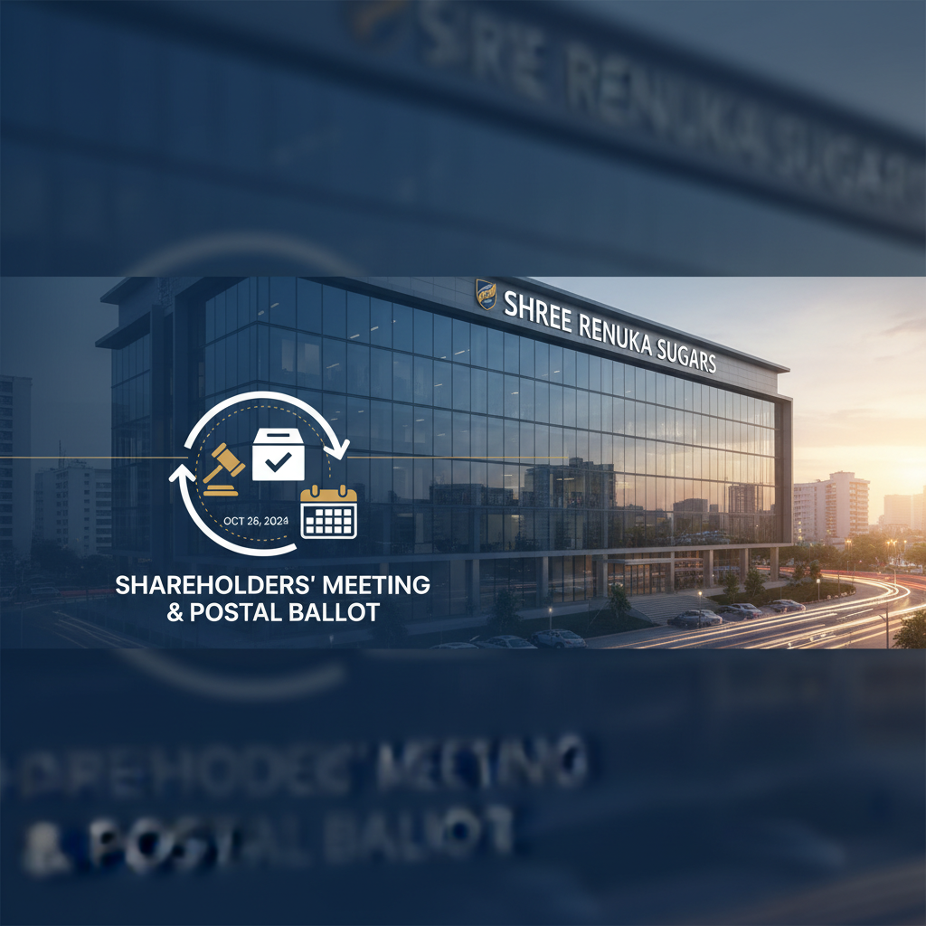 A modern office building with "SHREE RENUKA SUGARS" logo, overlaid with meeting icons and text.