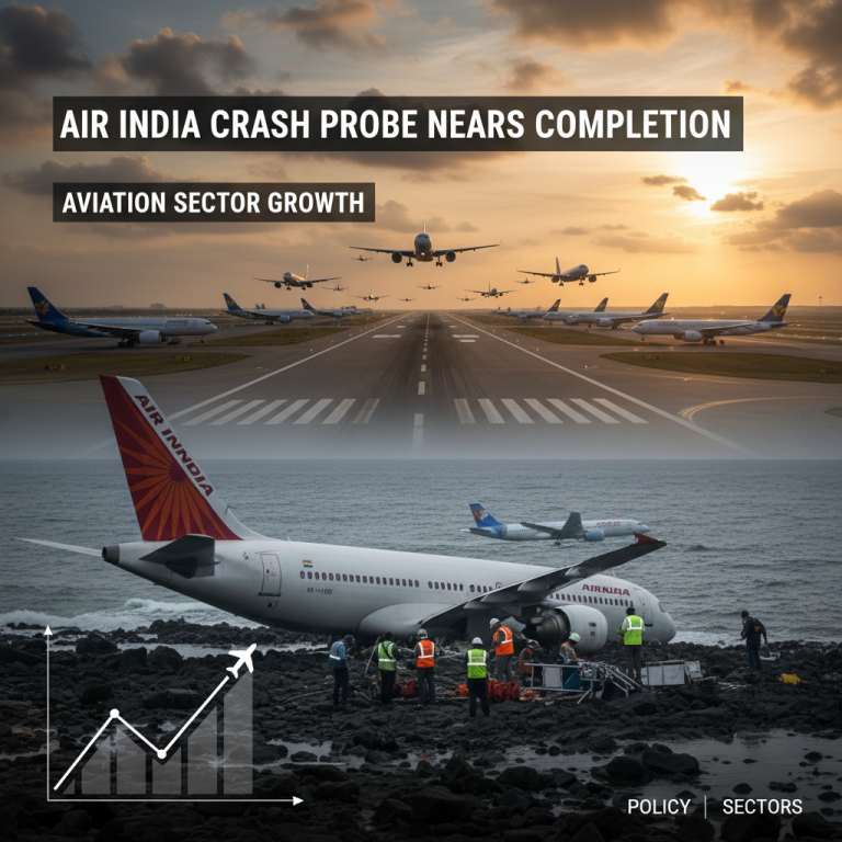 A composite image showing an Air India plane crash site on a rocky shore and multiple planes taking off from a runway at sunset.